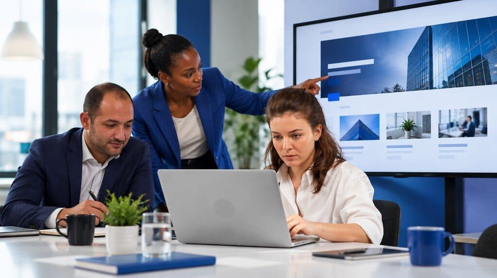 Equipo de marketing de una empresa revisando un sitio web en una sala de reuniones