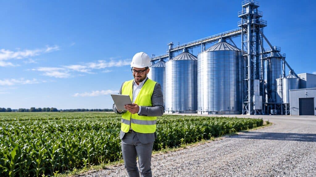 Silos y campos de cultivo en una zona agroindustrial
