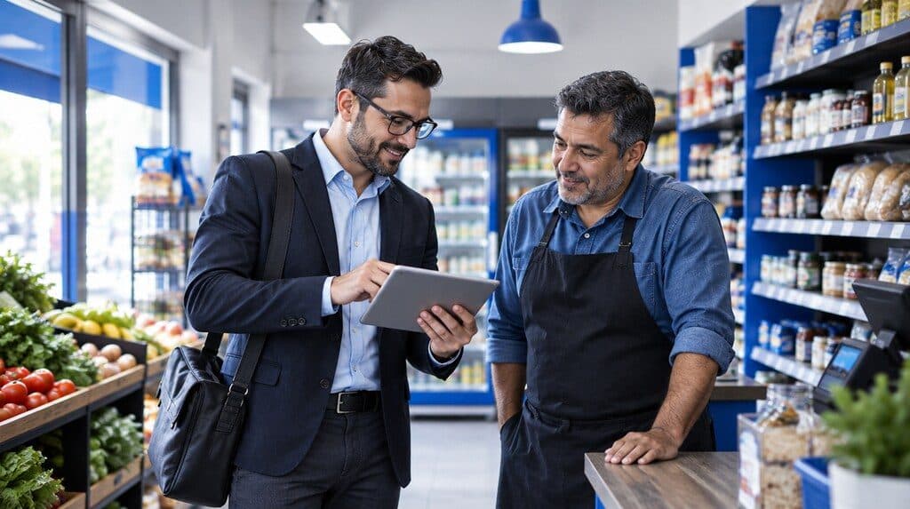 Vendedor tomando un pedido en una tablet en un comercio