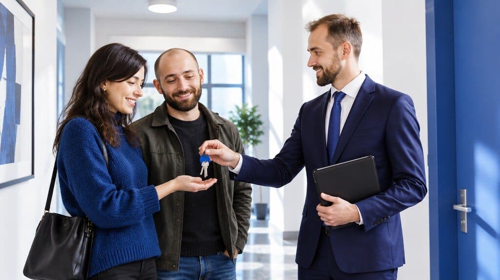 Propietario recibiendo las llaves de un departamento nuevo