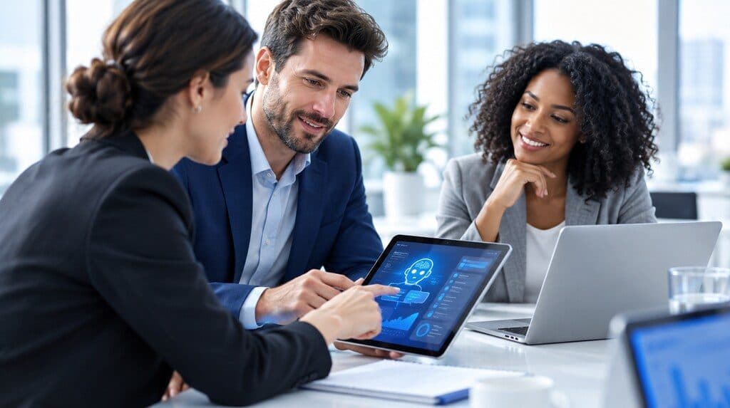 Profesionales usando una aplicación con inteligencia artificial en una oficina