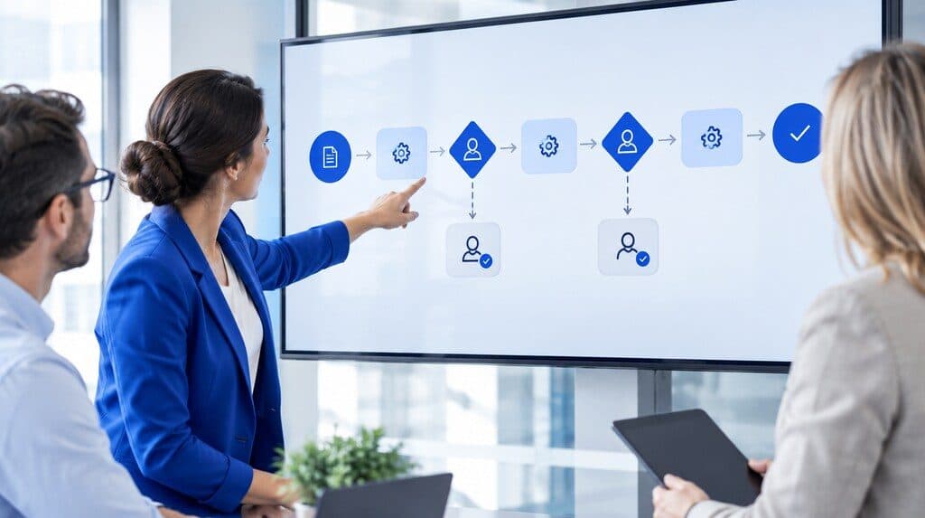 Diagrama de un proceso empresarial con pasos automatizados y revisión humana