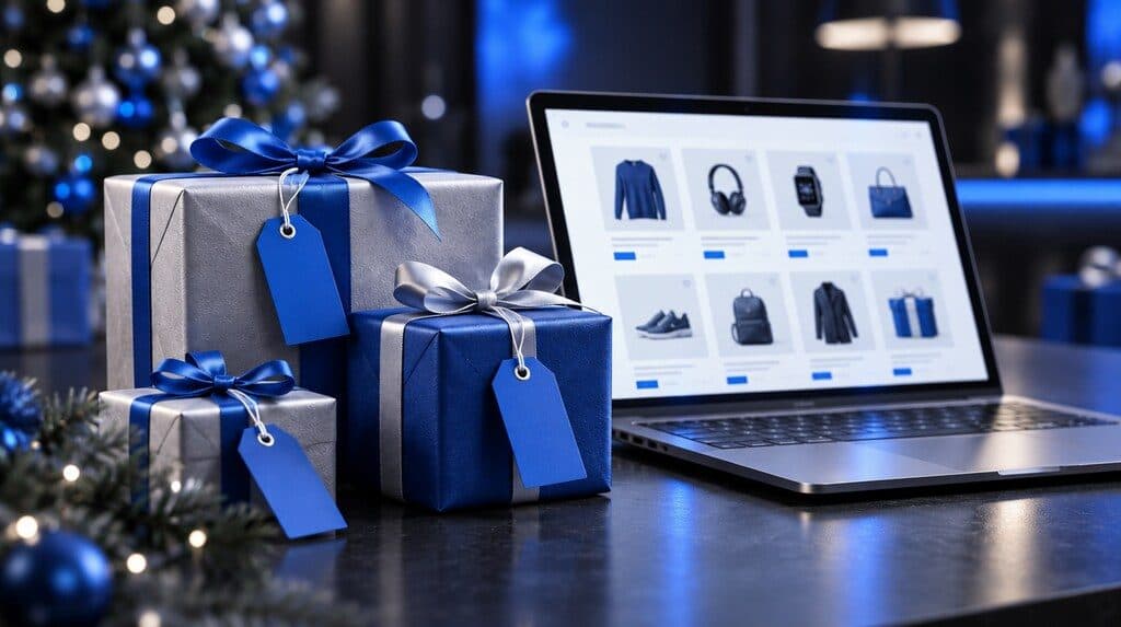 Etiquetas de descuento de Black Friday sobre productos y una laptop
