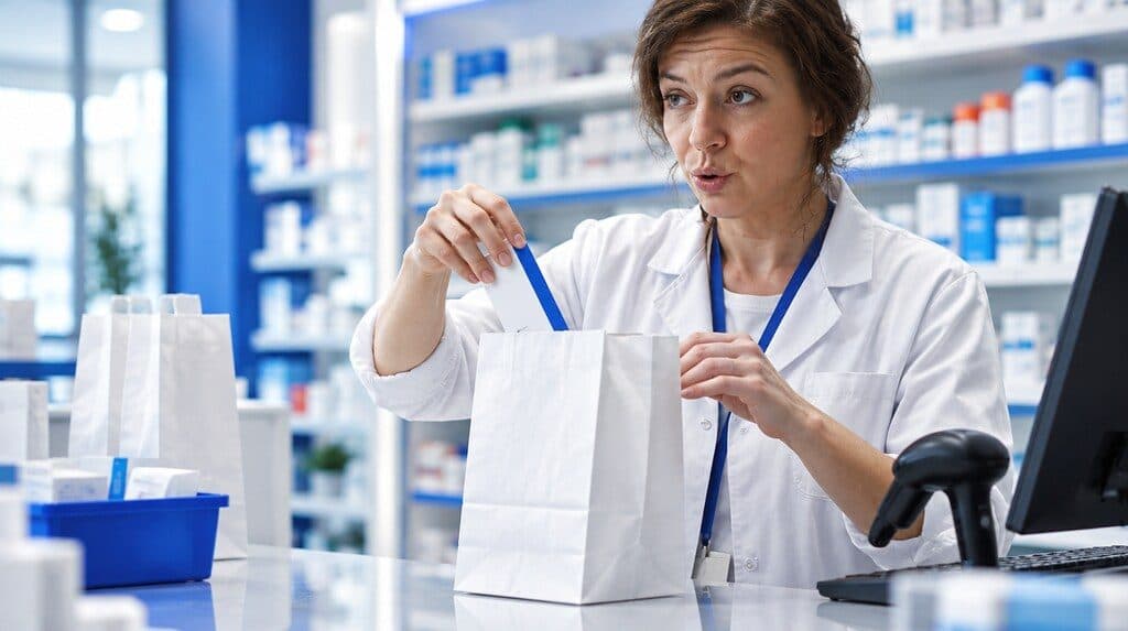 Farmacéutica preparando un pedido online en una farmacia moderna