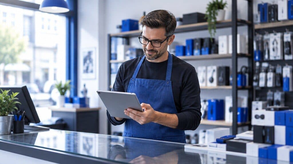 Comerciante revisando un catálogo digital de productos en una tablet en su local