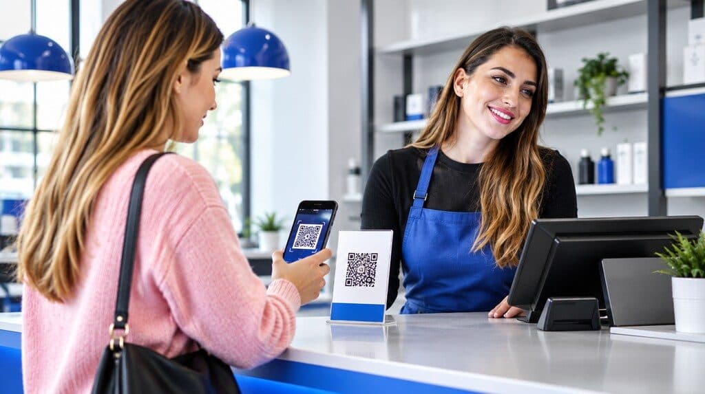 Cliente pagando con código QR desde su celular en un comercio