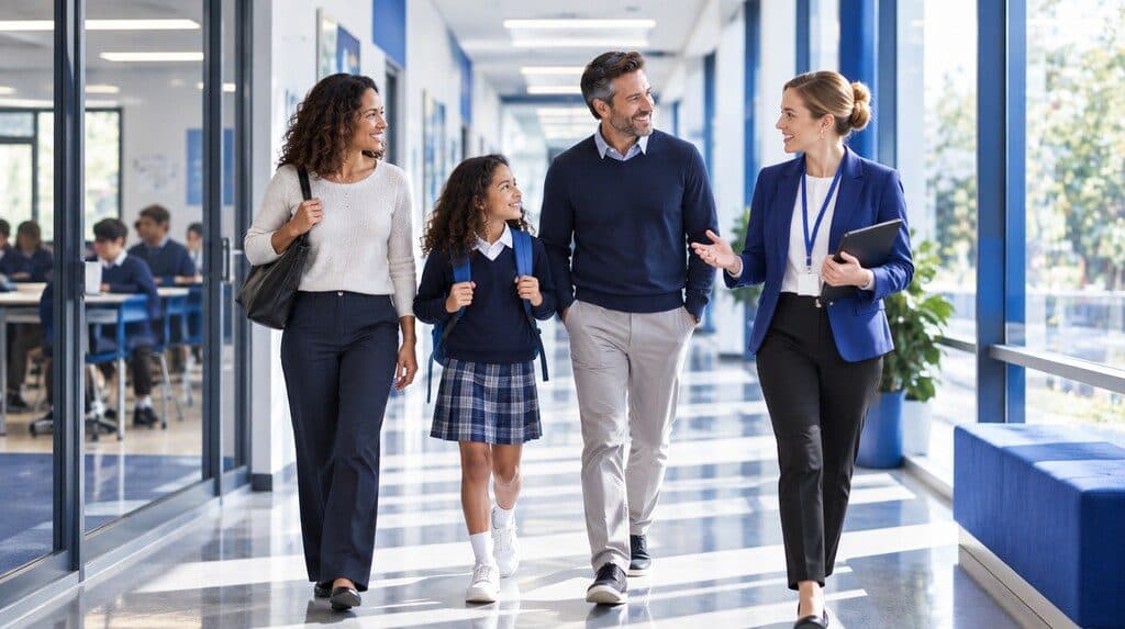 Familia recorriendo las instalaciones de un colegio con una guía