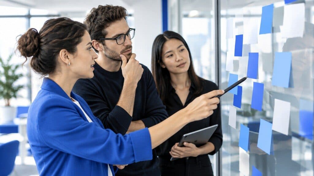 Equipo priorizando funciones de una aplicación con notas adhesivas