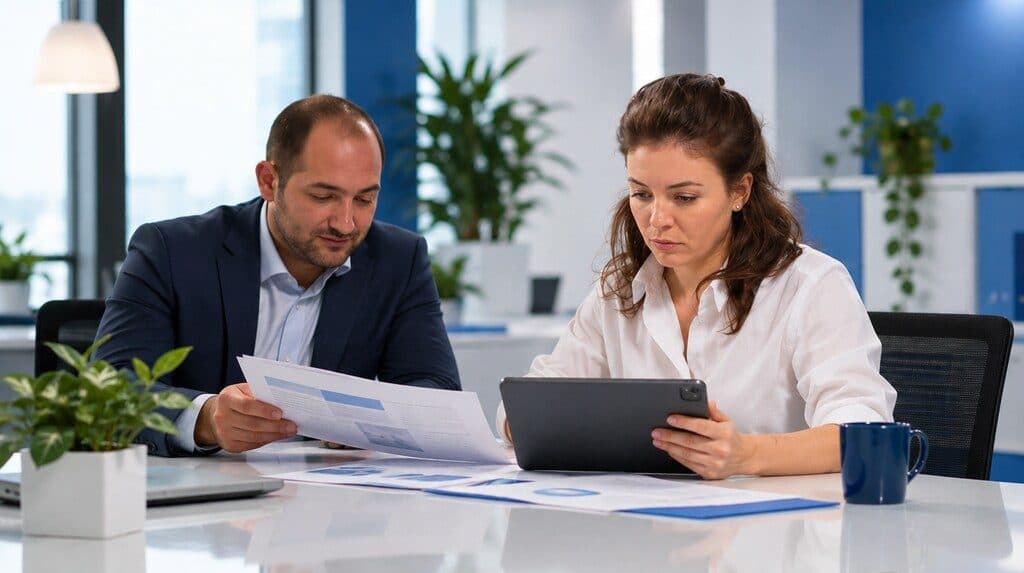 Directivos evaluando propuestas de proveedores en una mesa de reuniones