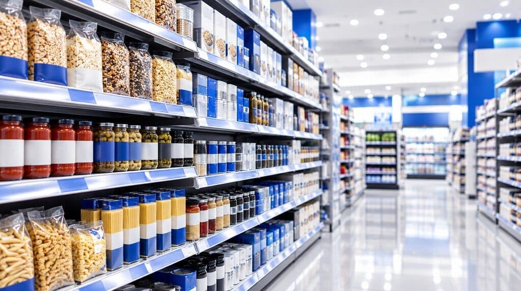 Productos de consumo masivo en una góndola de supermercado
