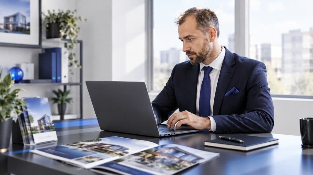 Agente inmobiliario organizando contactos en un CRM en su laptop