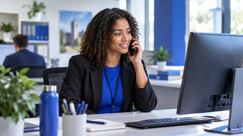 Asesora de admisiones hablando por teléfono con un aspirante frente a su computadora