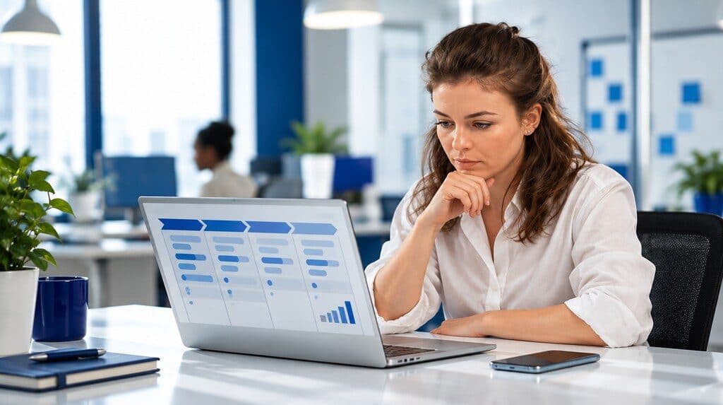 Vendedor revisando un pipeline de ventas en un CRM en su laptop