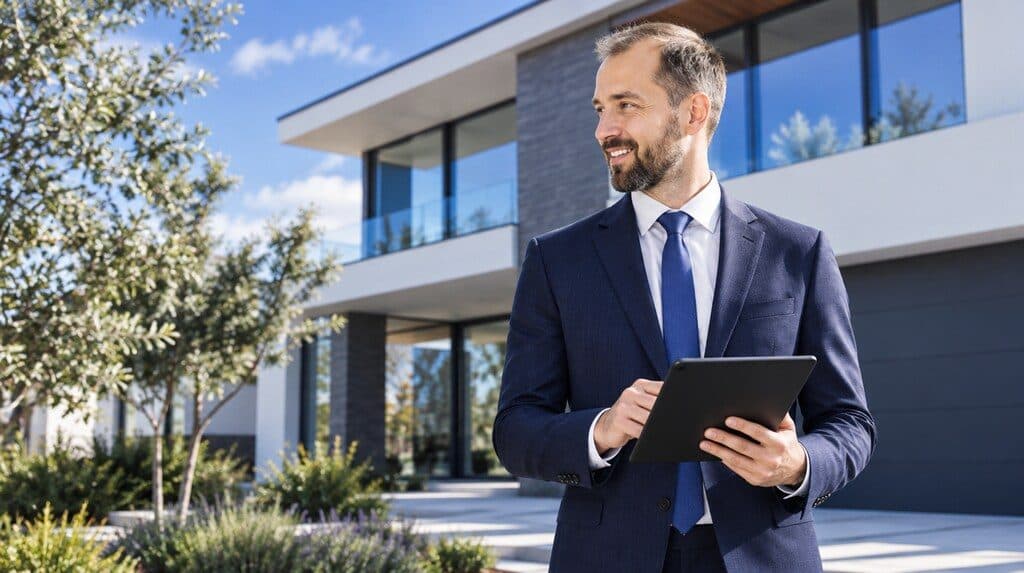 Agente inmobiliario sonriente frente a una casa en venta