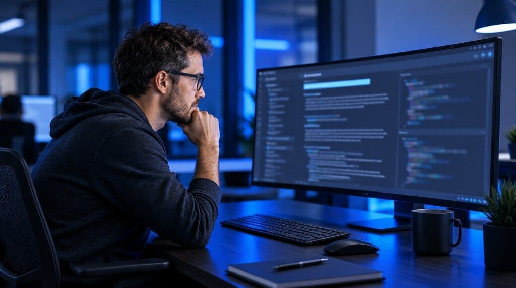Desarrollador leyendo documentación técnica en un monitor