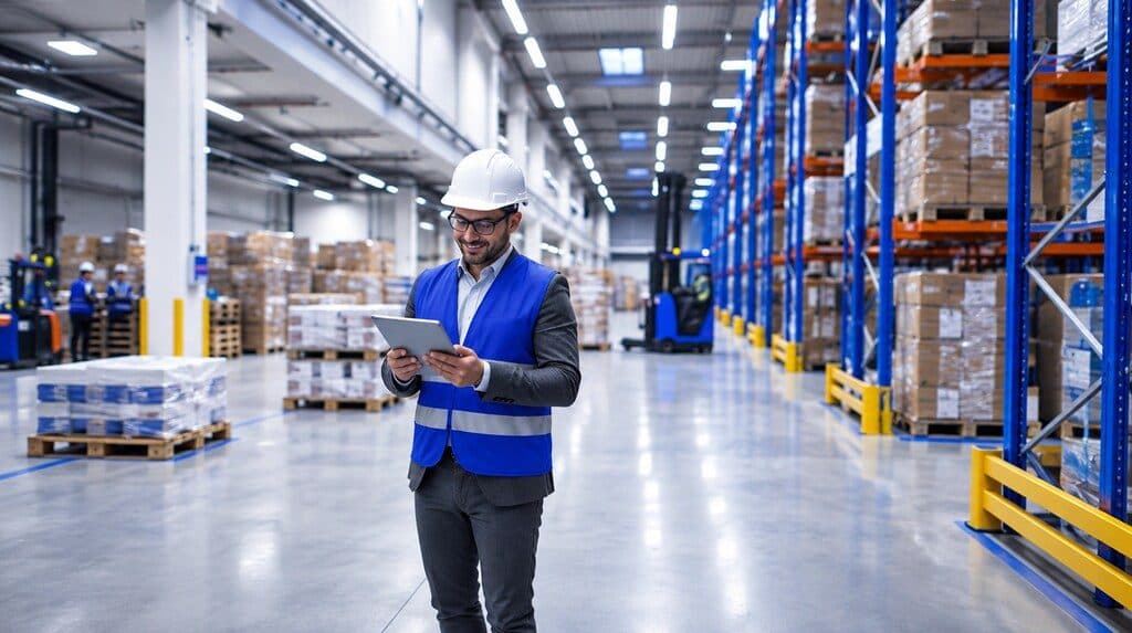 Comprador corporativo revisando un pedido mayorista en una tablet en un depósito