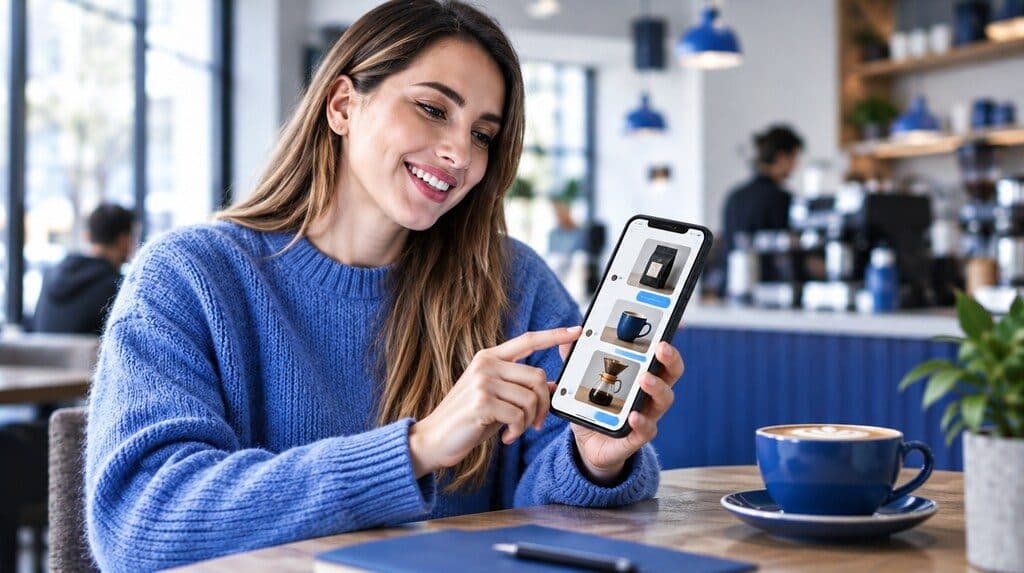 Persona haciendo un pedido por chat desde su celular con un catálogo de productos