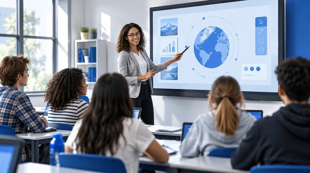 Docente usando una plataforma educativa en una pizarra digital frente a la clase