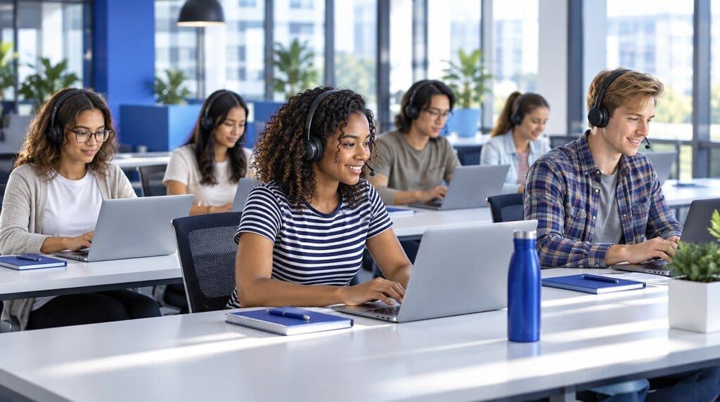 Empleados haciendo una capacitación online en sus computadoras en una oficina