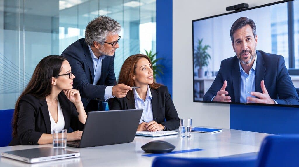 Videollamada entre un equipo de desarrollo y un cliente extranjero