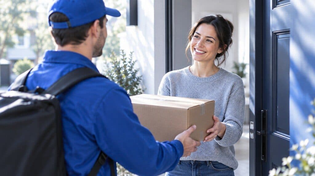 Repartidor entregando un paquete en la puerta de una casa