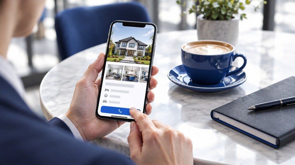 Ficha de una propiedad en venta con fotos y datos en un celular