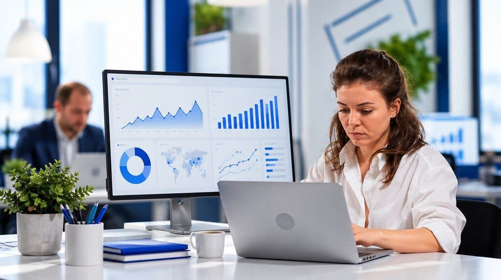 Panel de analítica web en un monitor con gráficos de eventos y conversiones