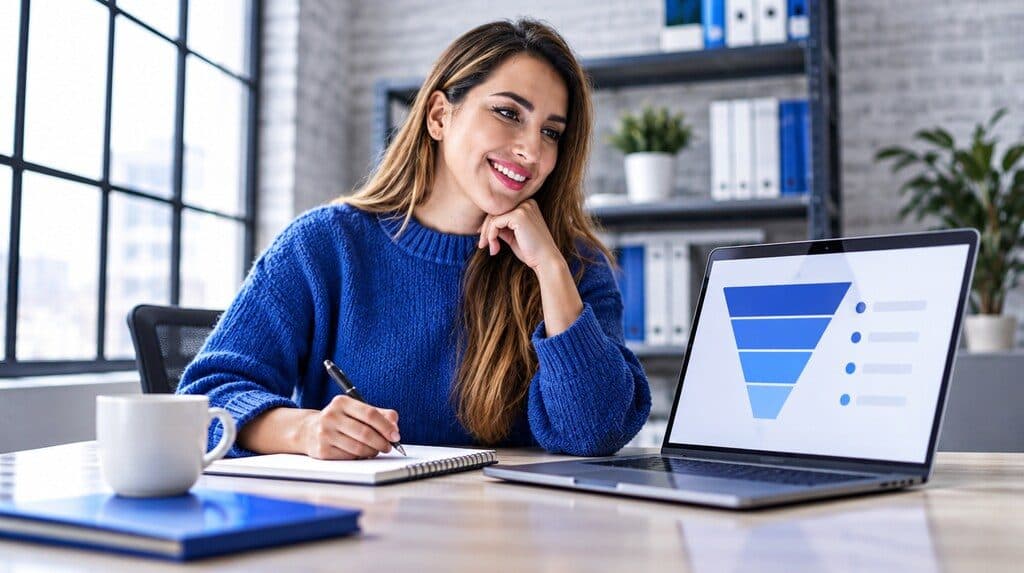 Analista revisando un embudo de compra en Google Analytics en una laptop