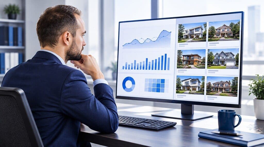 Gráficos de analítica web sobre propiedades inmobiliarias en una pantalla