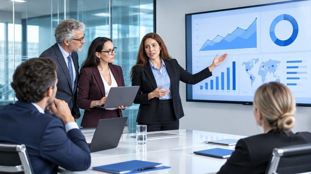 Equipo de software presentando un panel de datos a clientes corporativos