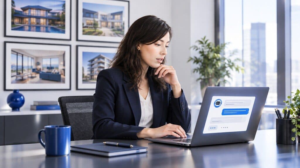 Agente inmobiliario usando un asistente de inteligencia artificial en su laptop