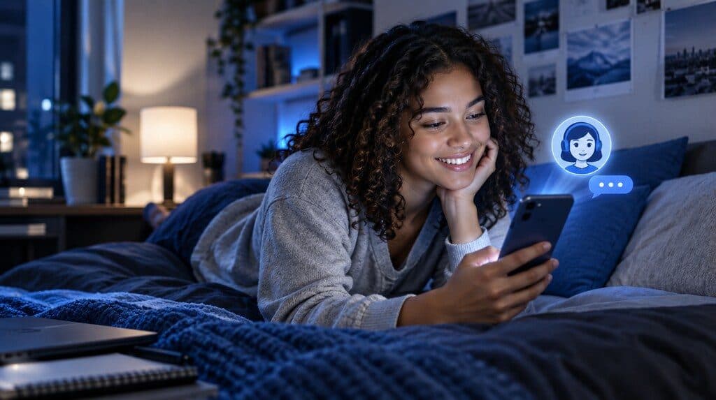 Estudiante conversando con un asistente virtual universitario en su celular de noche