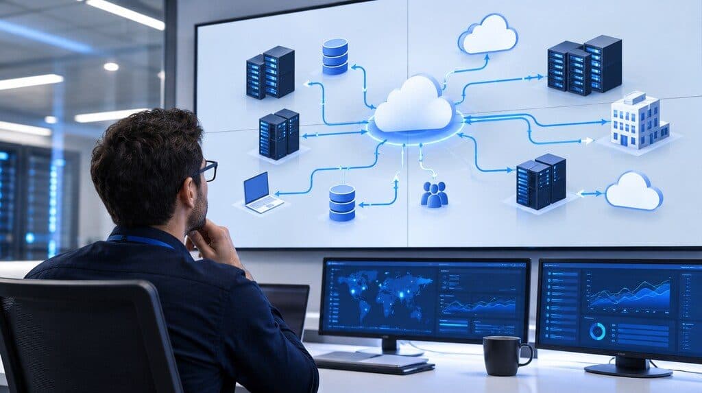 Diagrama de sistemas conectados entre sitio web, CRM y ERP