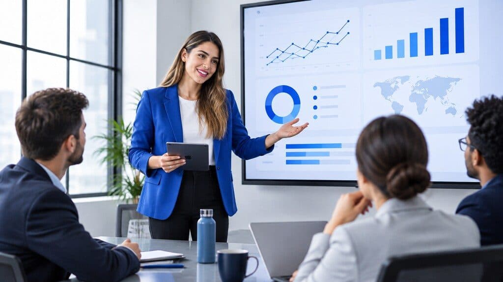 Gerente revisando un tablero de indicadores de ventas online en una pantalla
