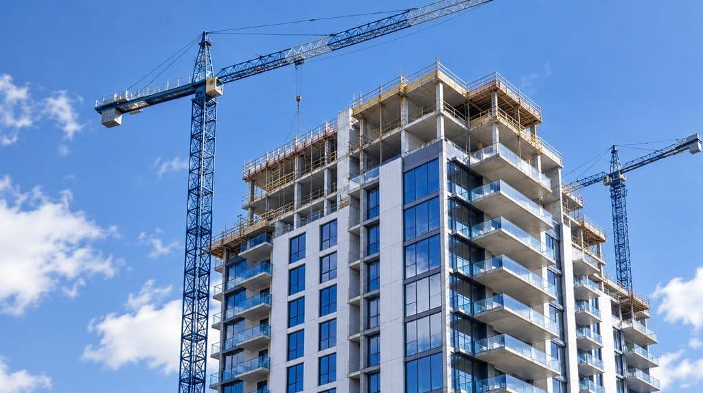 Render de un edificio residencial moderno en construcción
