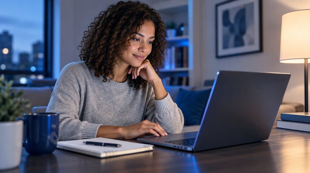 Profesional revisando un programa de maestría en su laptop por la noche