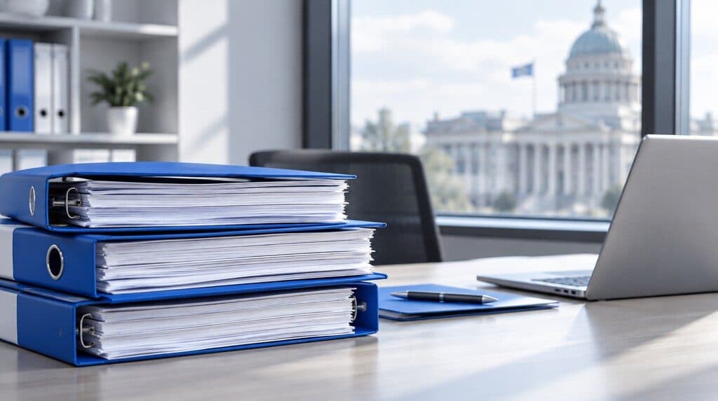 Documentos de licitación pública sobre un escritorio con una laptop