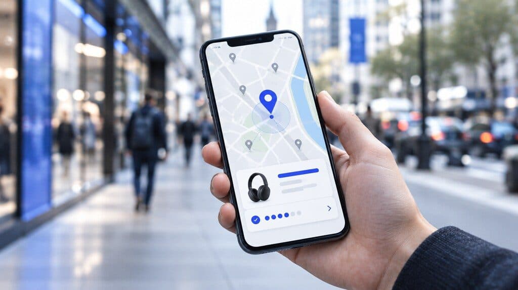 Mapa en un celular mostrando la sucursal más cercana con stock disponible