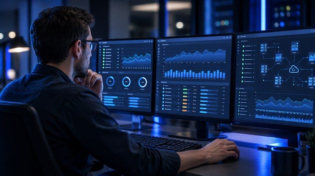Técnico revisando el estado de servidores y una aplicación en un monitor