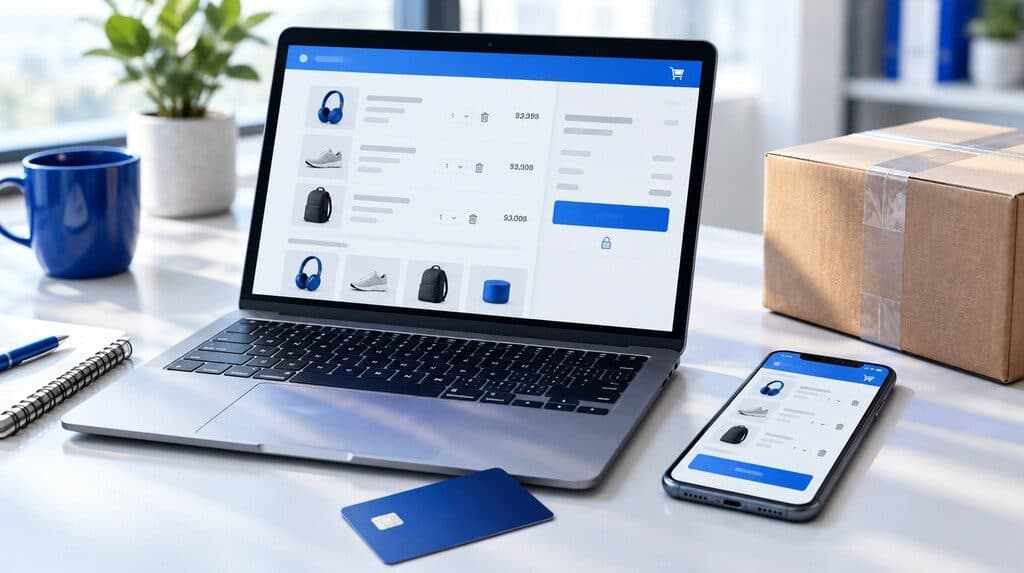 Carrito de compras en una tienda online abierta en laptop y celular