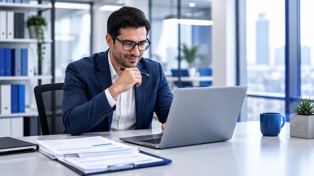 Gerente de compras revisando facturas y pedidos en un portal web