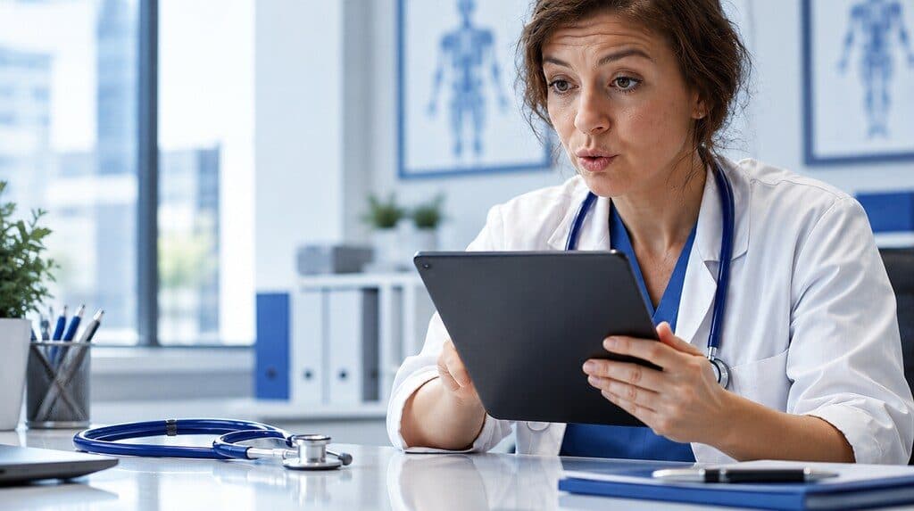 Médico revisando información técnica en una tablet en su consultorio