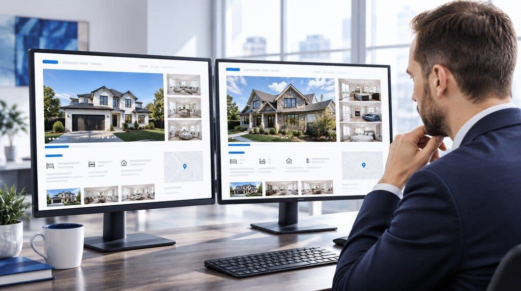 Comparación entre un portal inmobiliario y un sitio web propio en dos pantallas