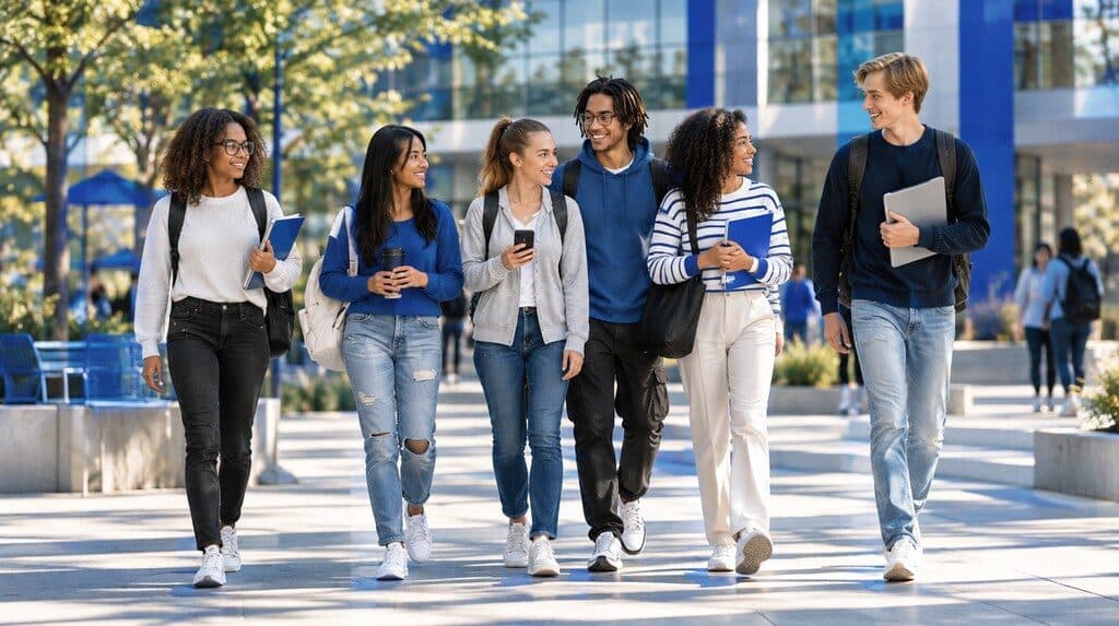 Estudiantes caminando por el patio de un campus universitario moderno