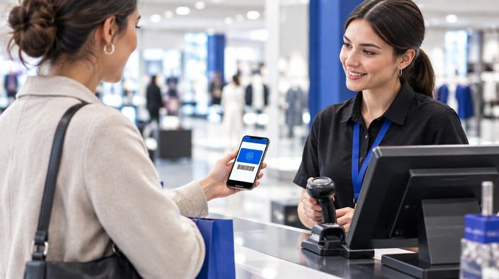 Cliente mostrando una tarjeta de beneficios digital en su celular en caja