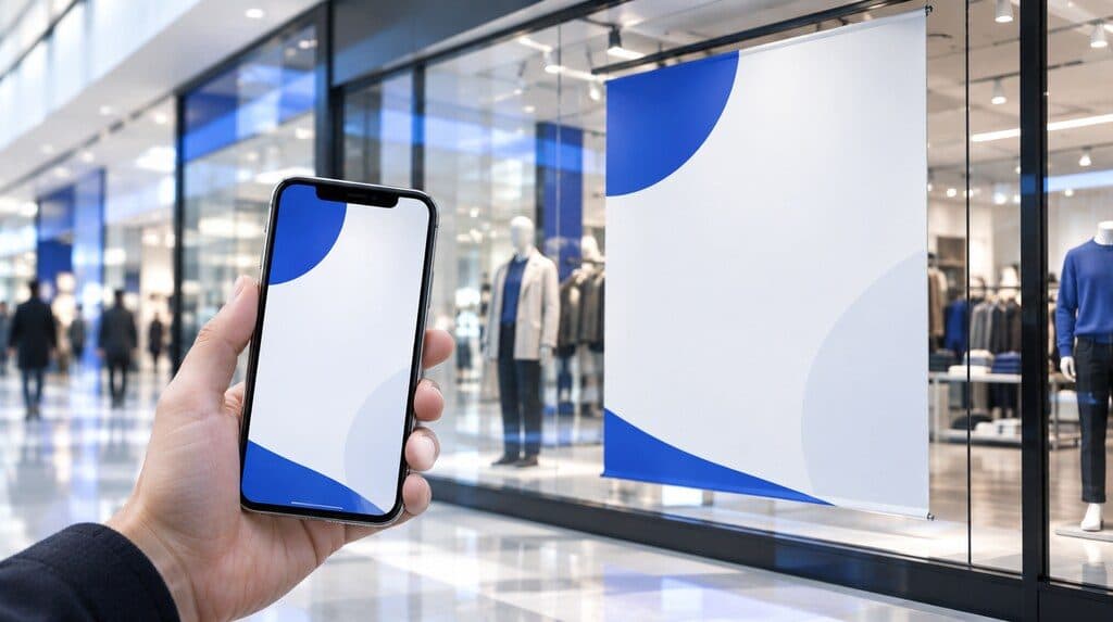 Cartel de promoción en una vidriera de tienda y un celular con la misma oferta