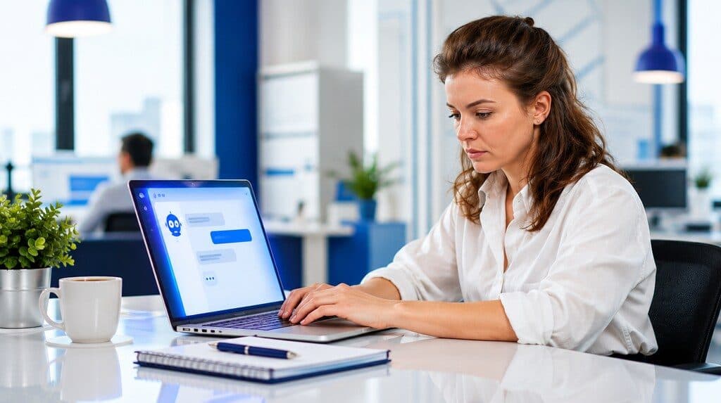 Persona trabajando con un asistente de IA en una laptop en una oficina luminosa