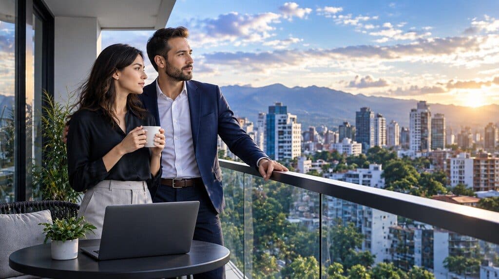 Pareja en el balcón de una torre residencial mirando la ciudad al atardecer