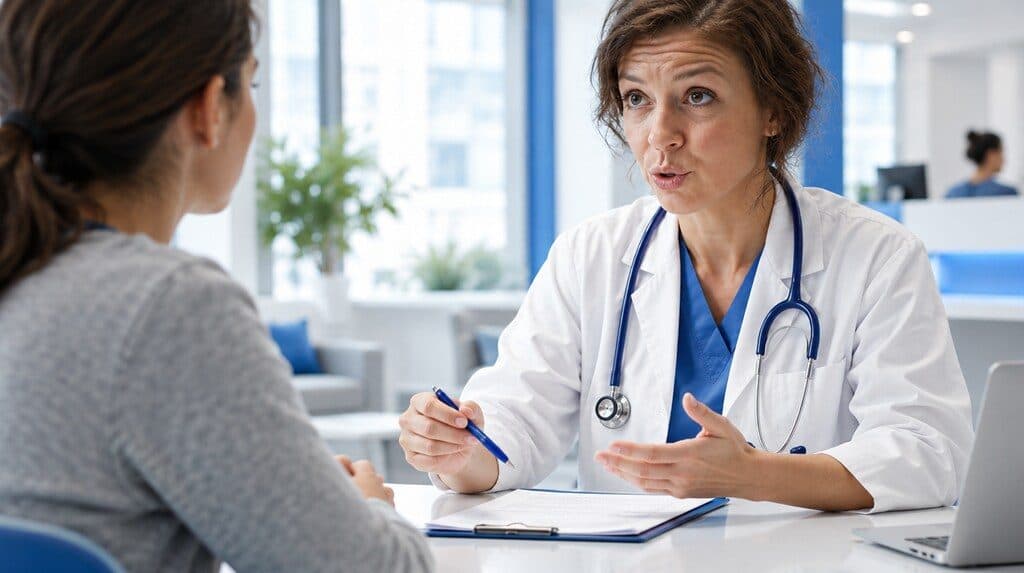 Médica conversando con un paciente en la recepción de una clínica moderna