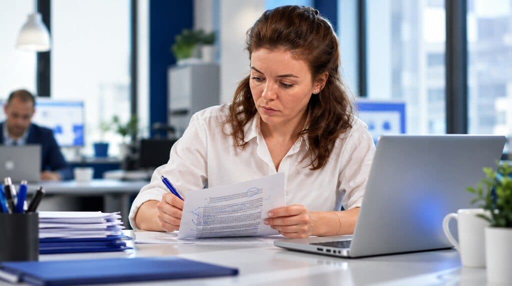 Editora revisando un texto impreso con marcas de corrección junto a una laptop